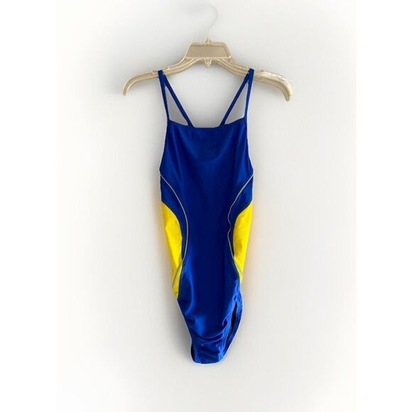 Speedo One Piece Swimsuit 12 Blue Yellow Gold Sporty PowerFlex Eco Splice Back - Picture 3 of 16
